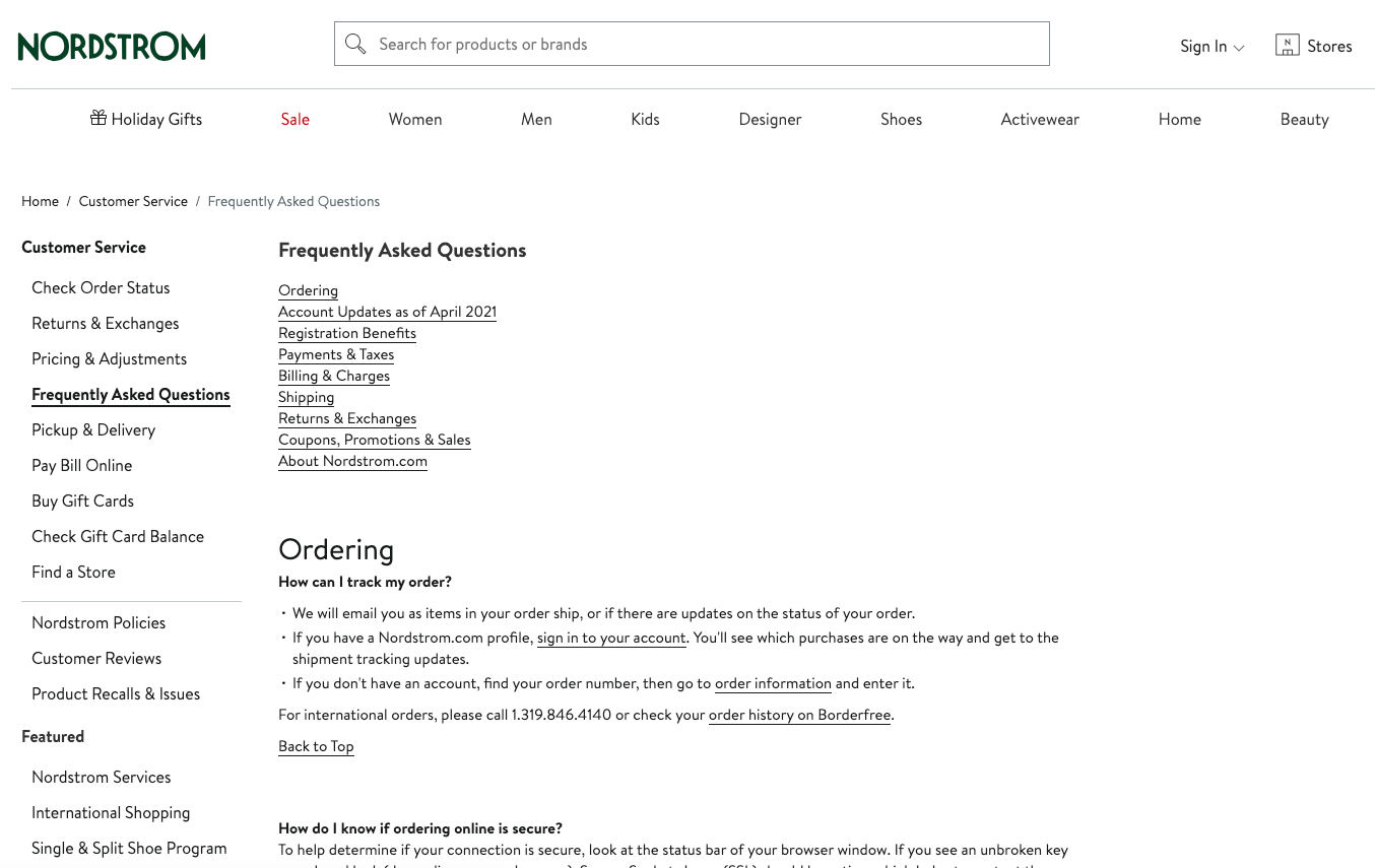 Nordstrom FAQ page with categorized questions