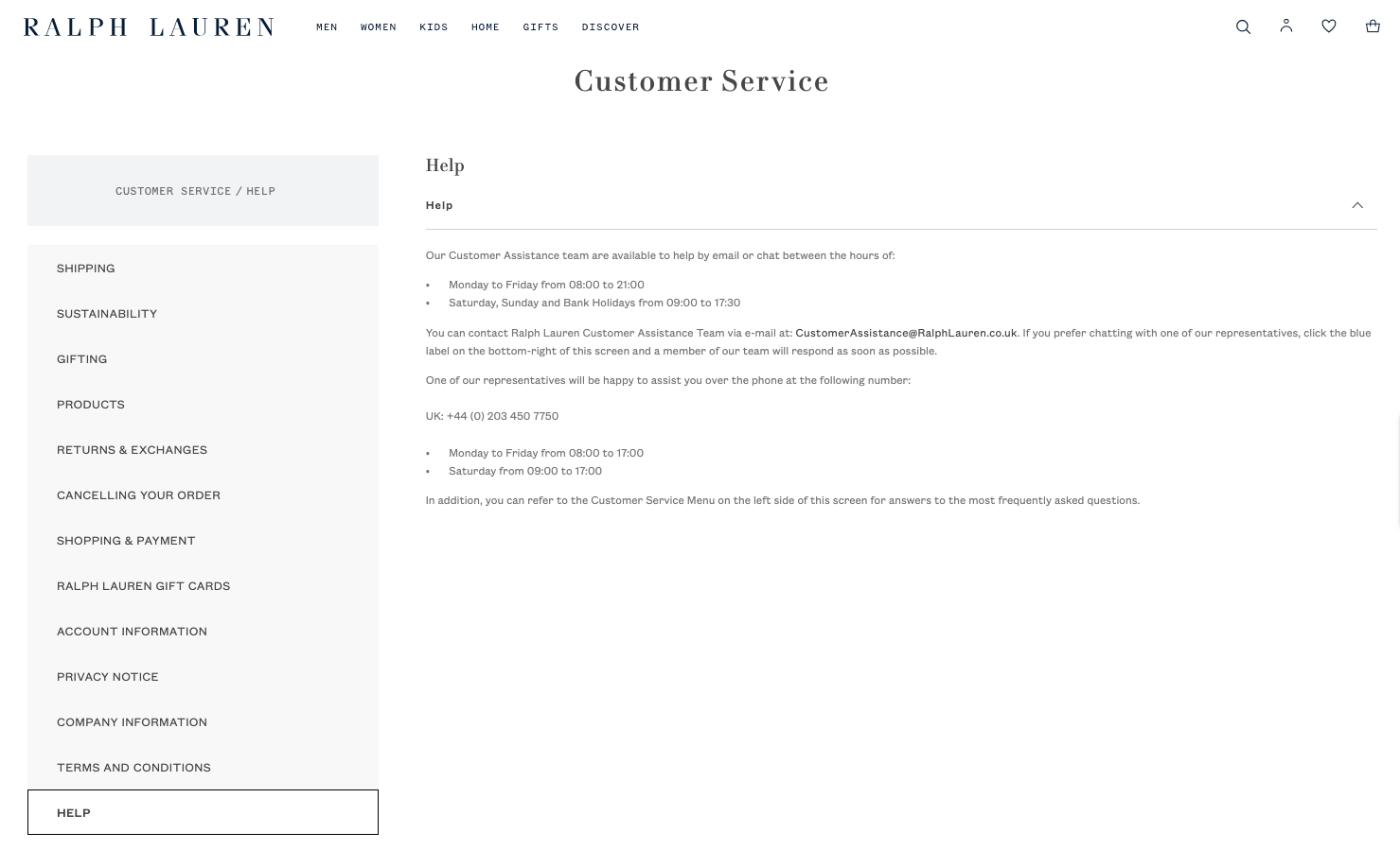 Ralph Lauren customer service page with category navigation