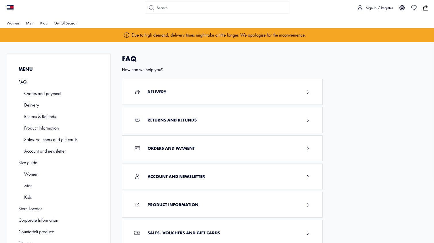 Tommy Hilfiger FAQ page with category accordions