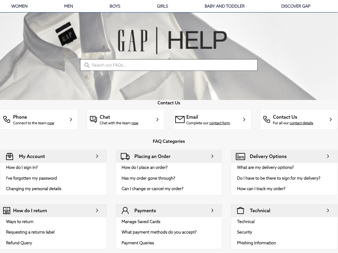 Gap UK help center with search and regional categories