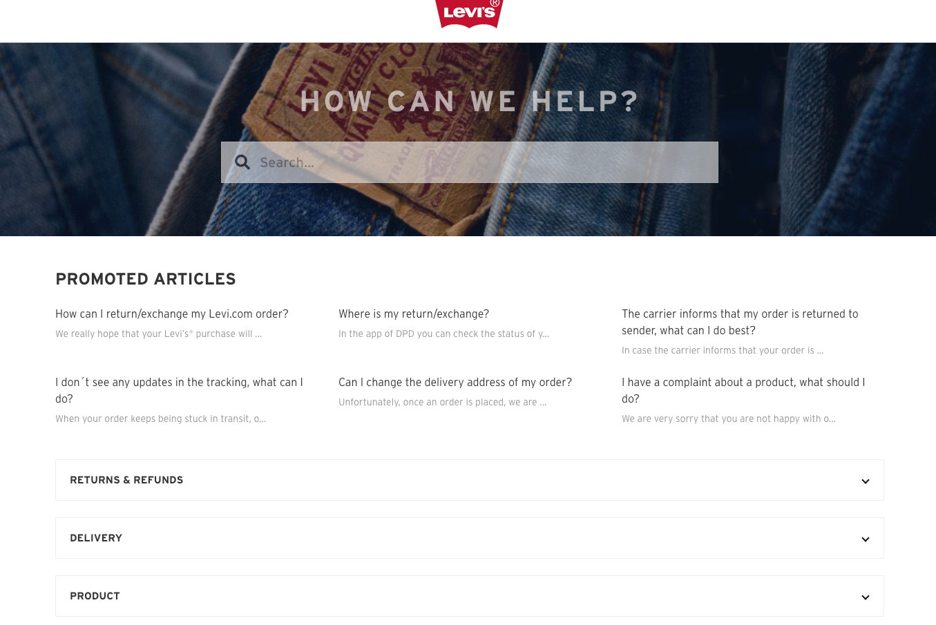 Levi help center with popular questions marked by stars