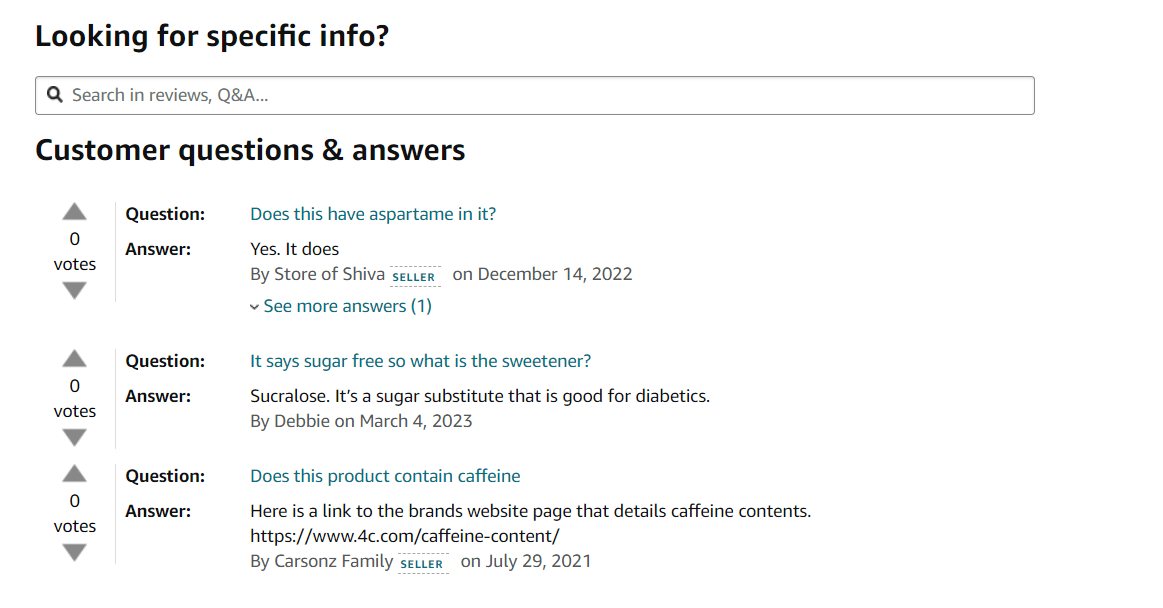 Amazon customer questions about ingredients, sweetener, and caffeine in a product Q&A section