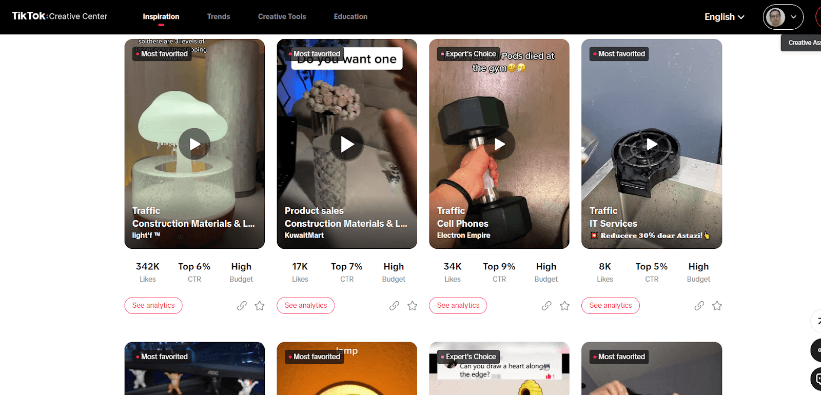 TikTok Ads Library interface showing filterable ad results