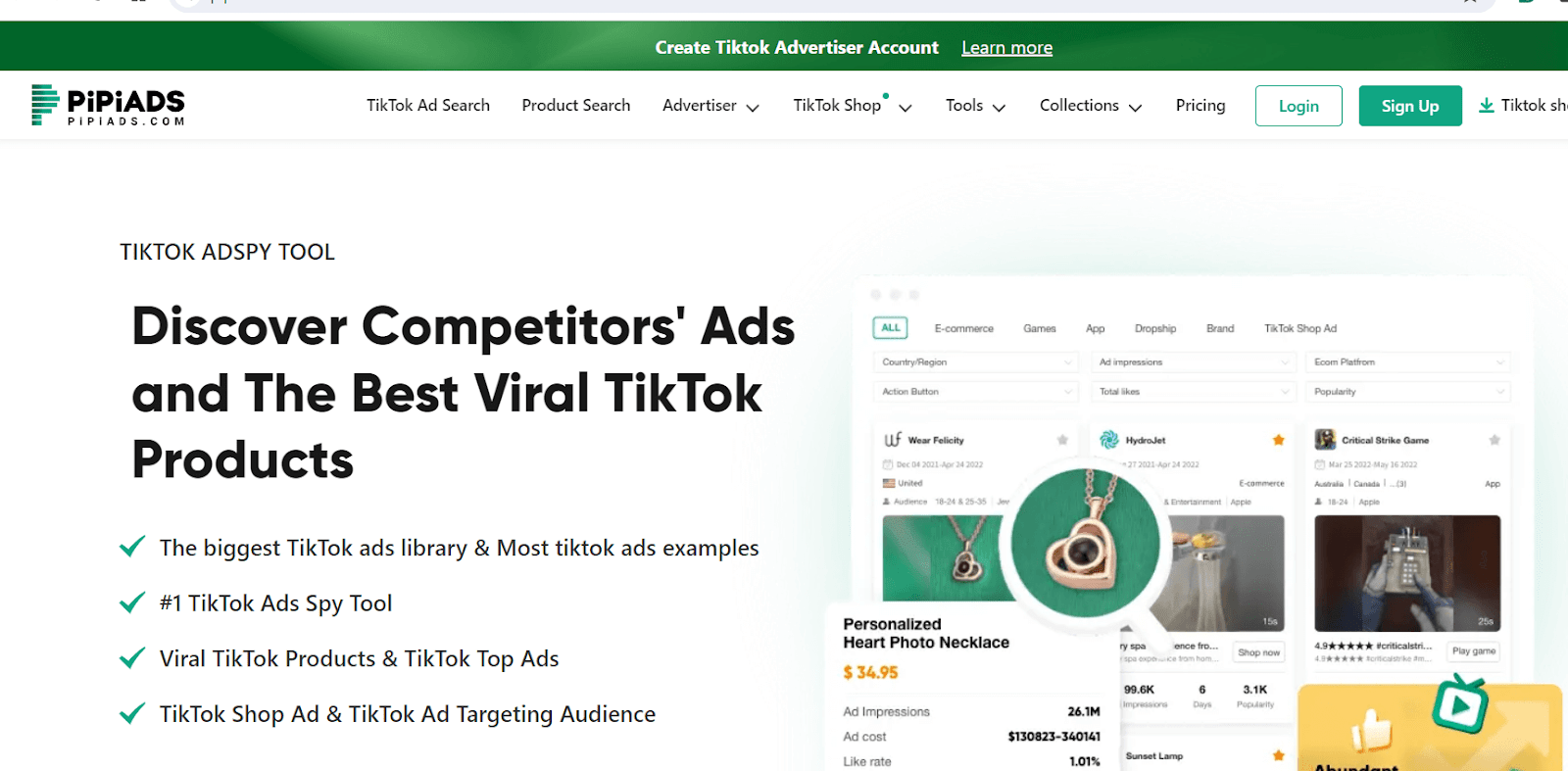 PiPiAds interface showing TikTok ad search results