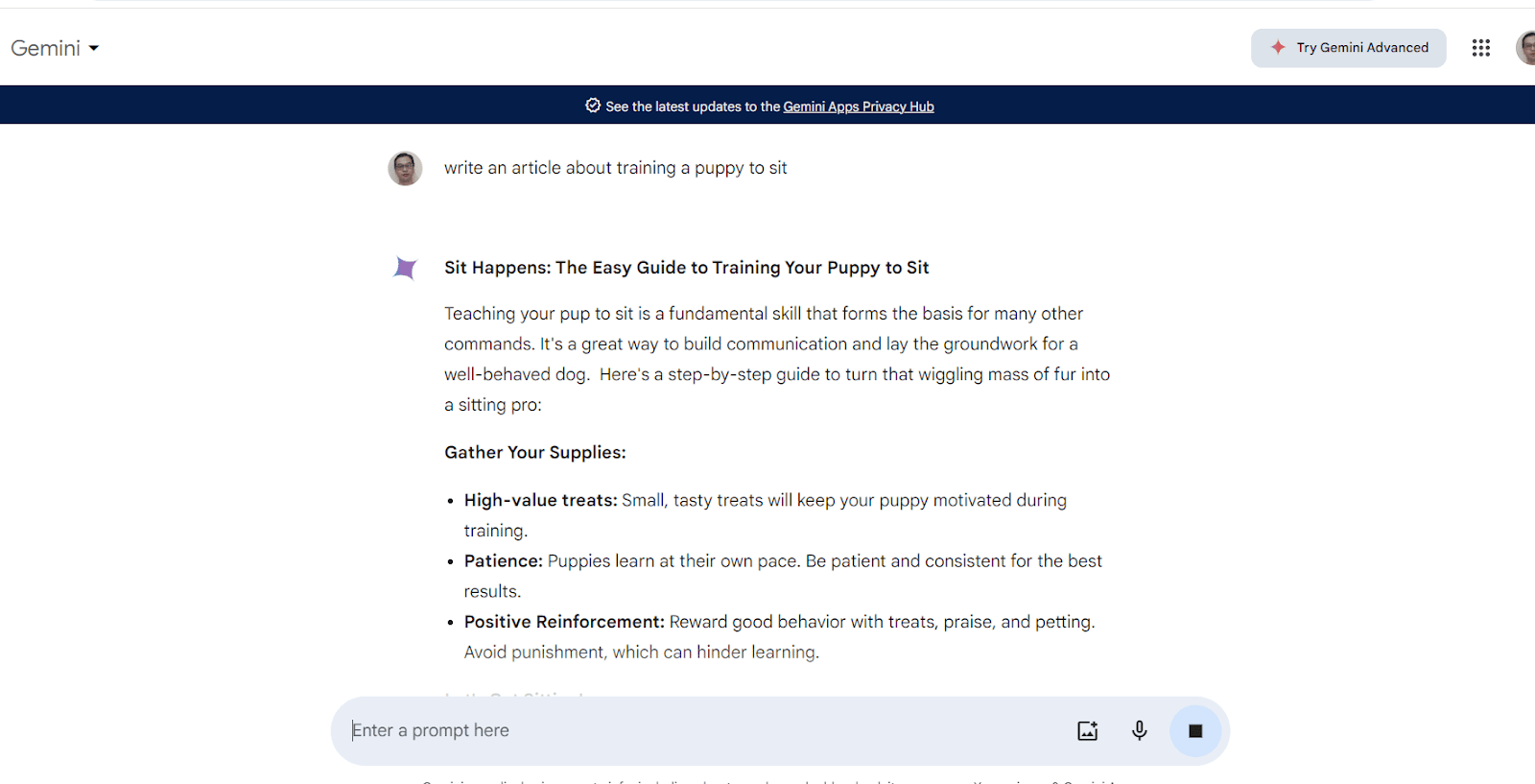 Google Gemini chat showing a long-form writing response