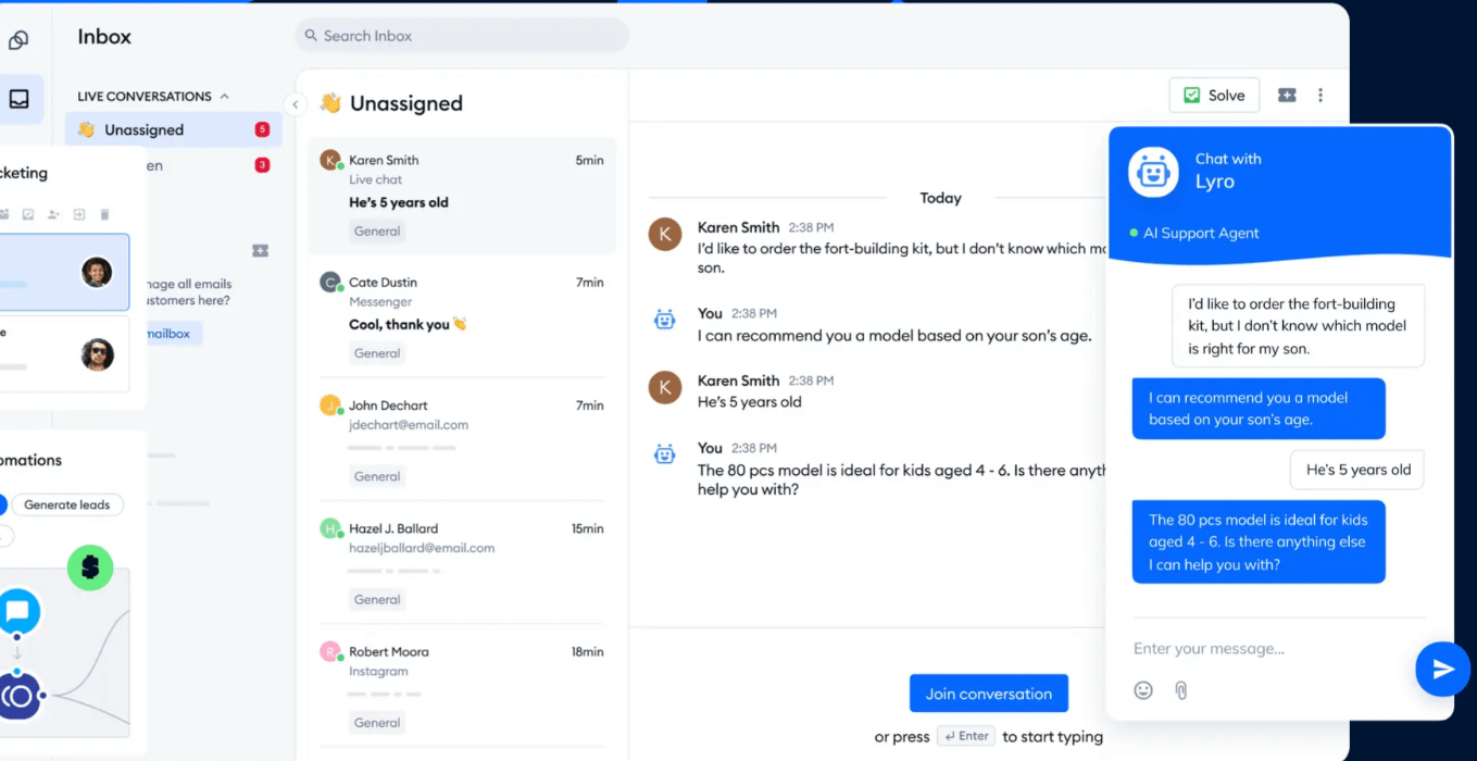 Tidio inbox showing live-chat threads and an AI reply panel