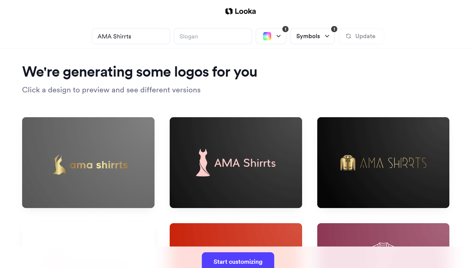 Looka logo generator presenting several concepts for one store name