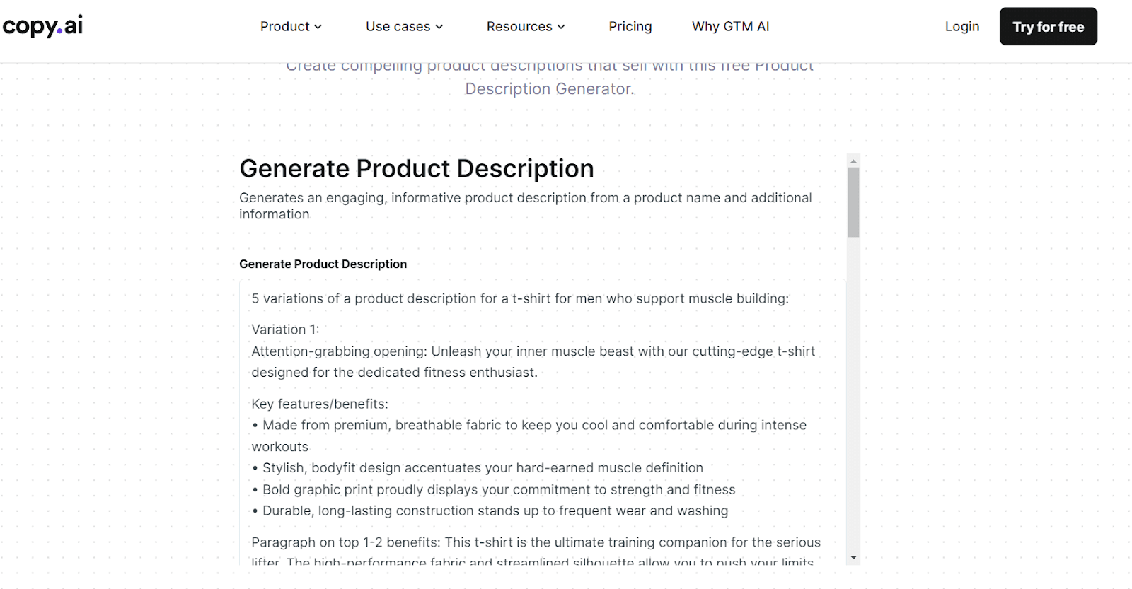 Copy.ai screen generating a product description from a structured prompt