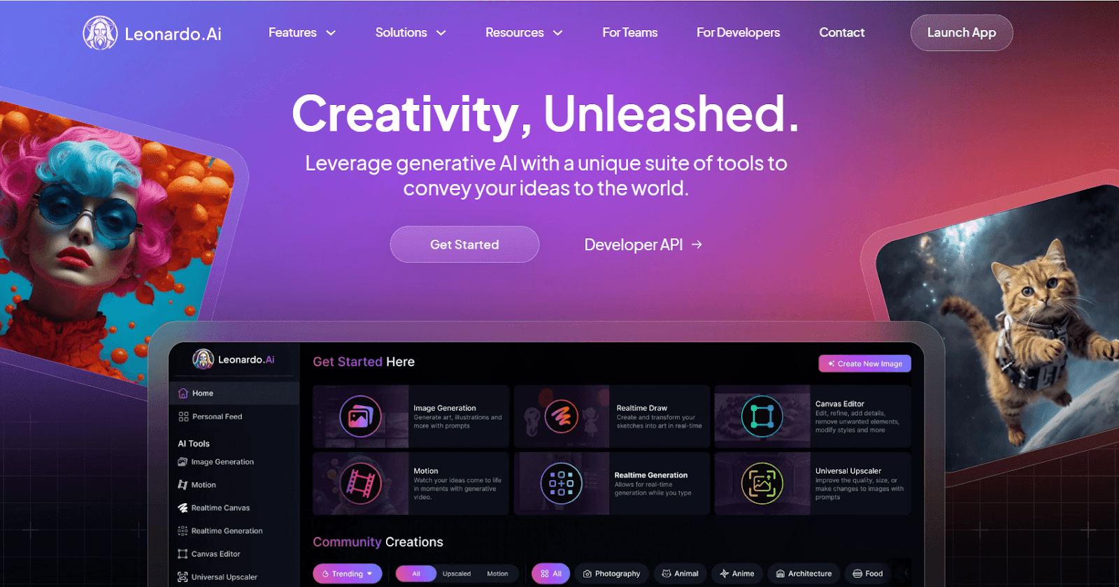Leonardo AI product page showing image, design, and motion generation tools