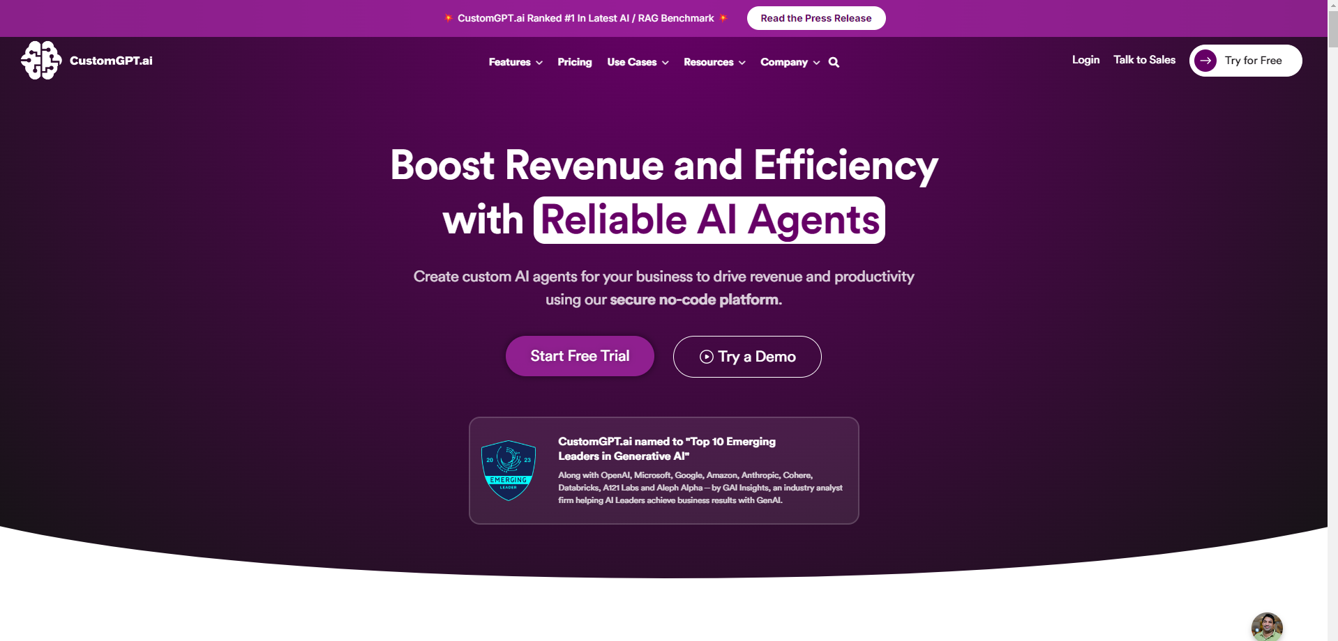 CustomGPT.ai product page describing custom AI agents grounded in business content