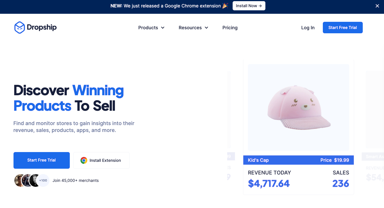 Dropship.io Chrome extension showing Shopify store research data