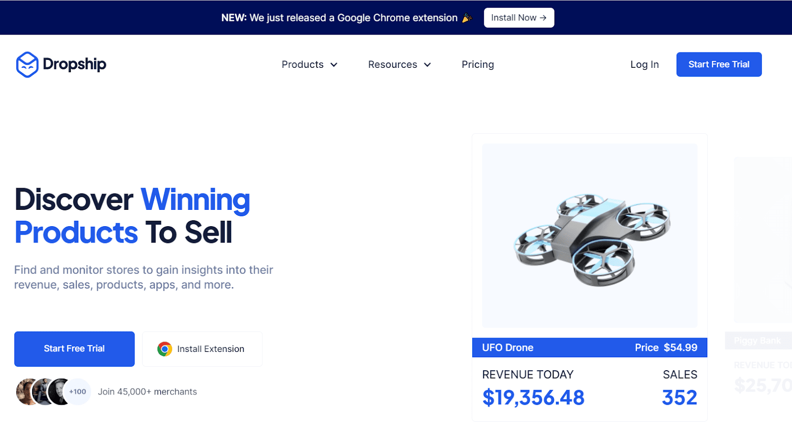 Dropship.io product research page with product, revenue, and sales cards