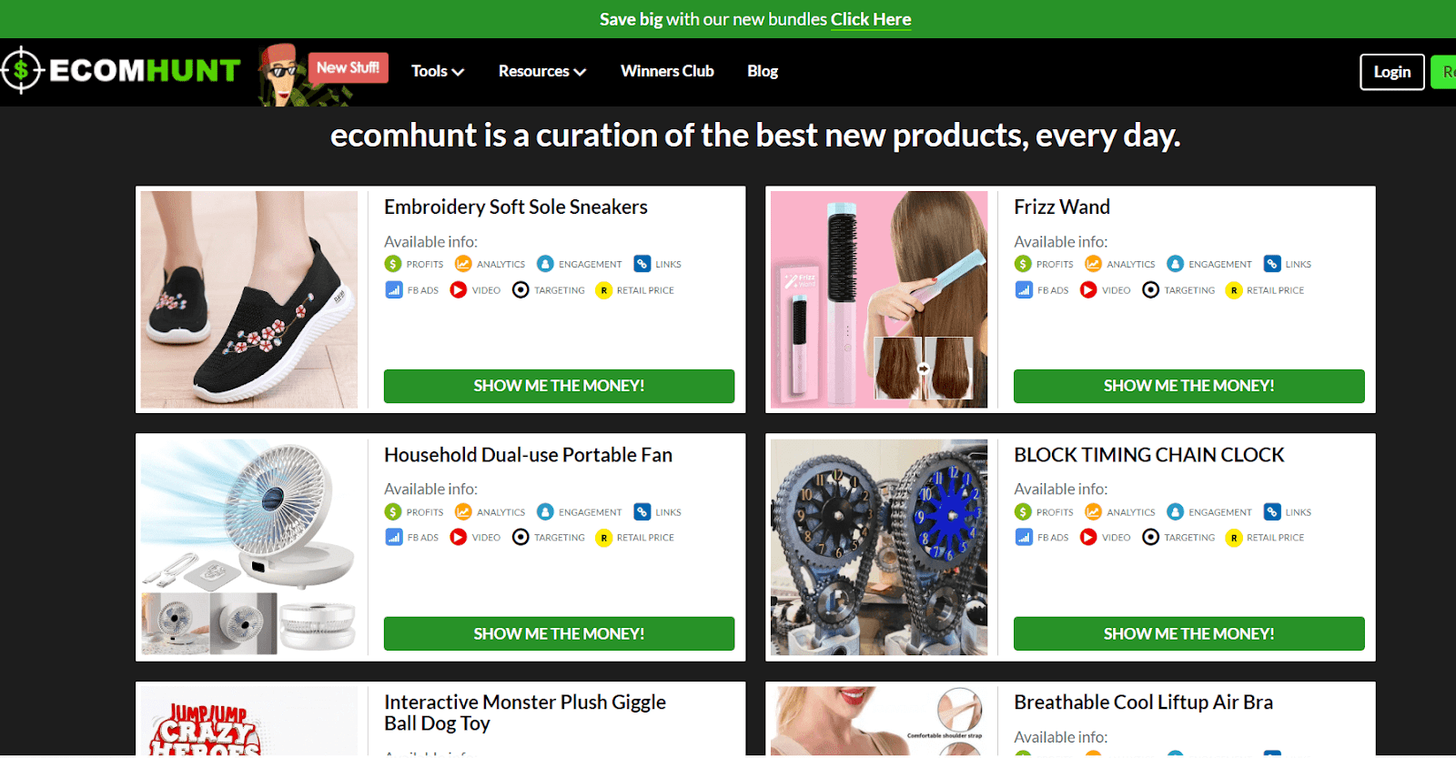 Ecomhunt dashboard showing a feed of researched products
