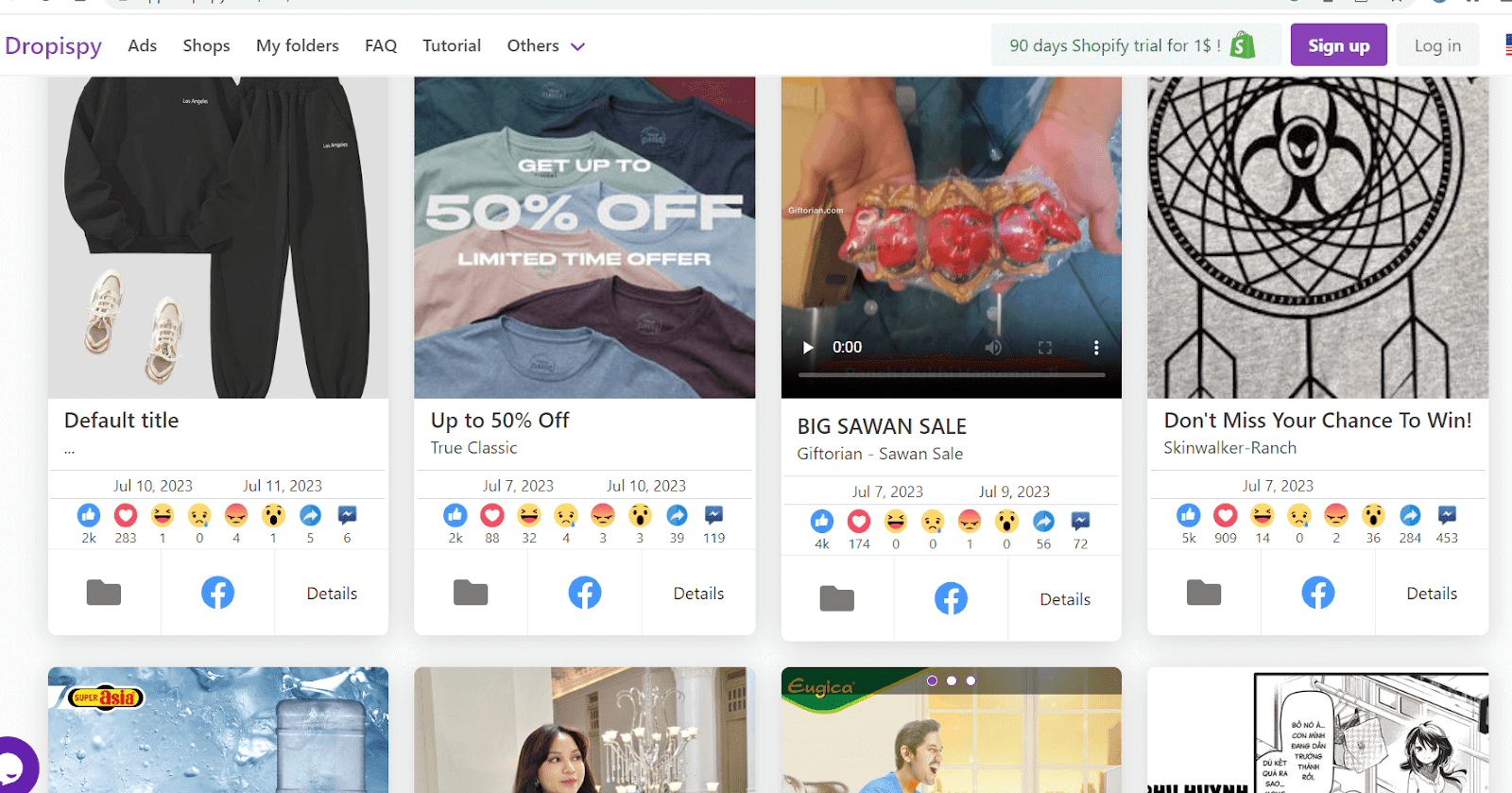 DropiSpy dashboard showing Facebook ad cards with dates and engagement