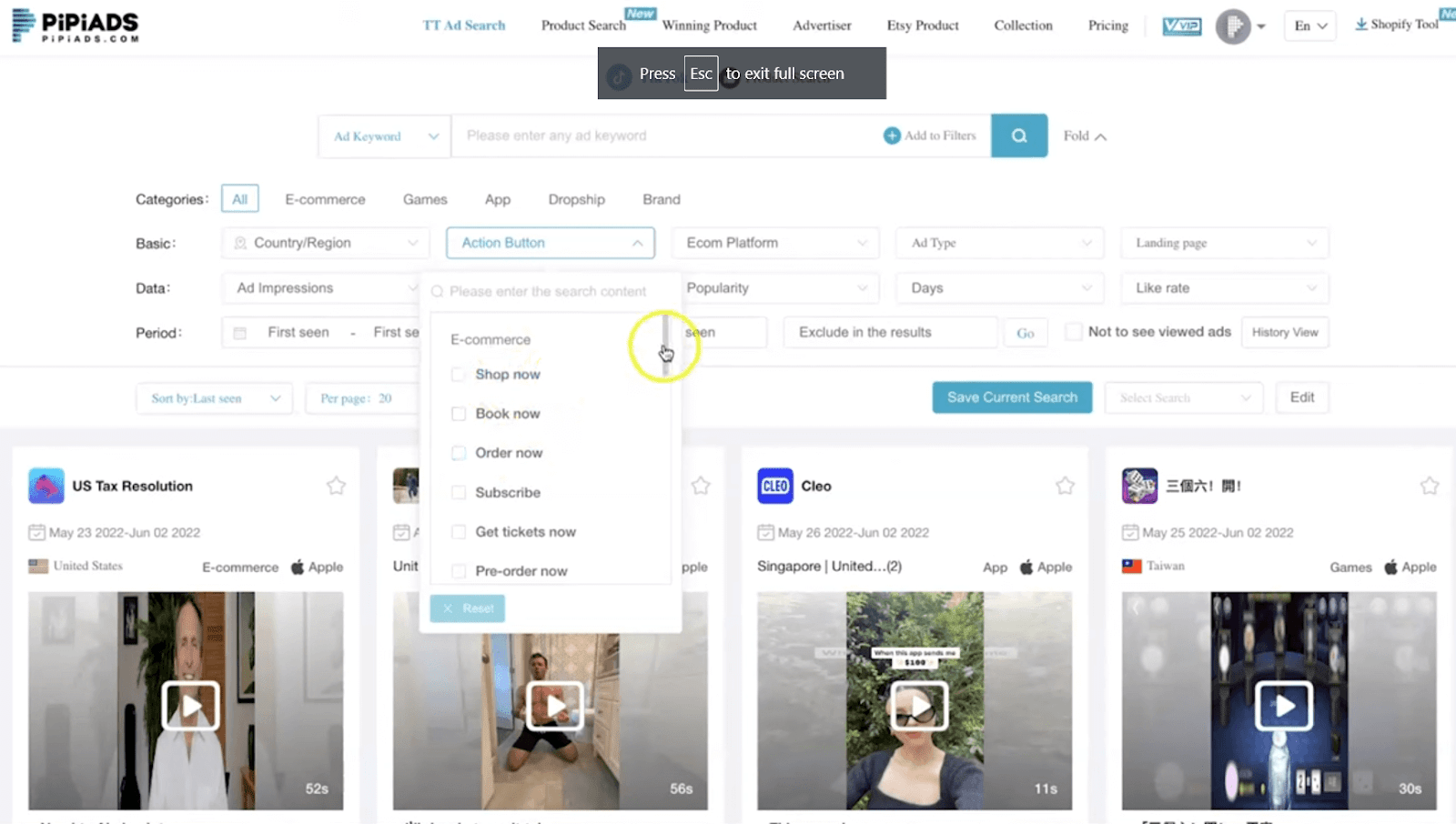 PiPiAds ad-search dashboard showing filters and video results