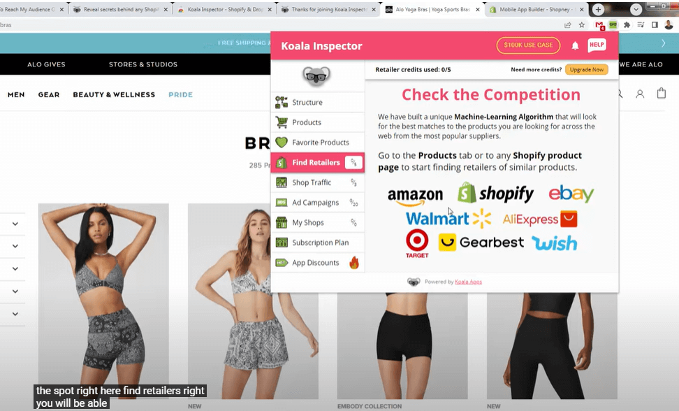 Koala Inspector extension showing store structure, products, and retailer tools