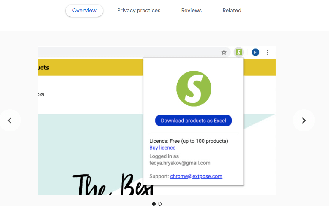 Shopify Spy extension showing its Excel product-download control