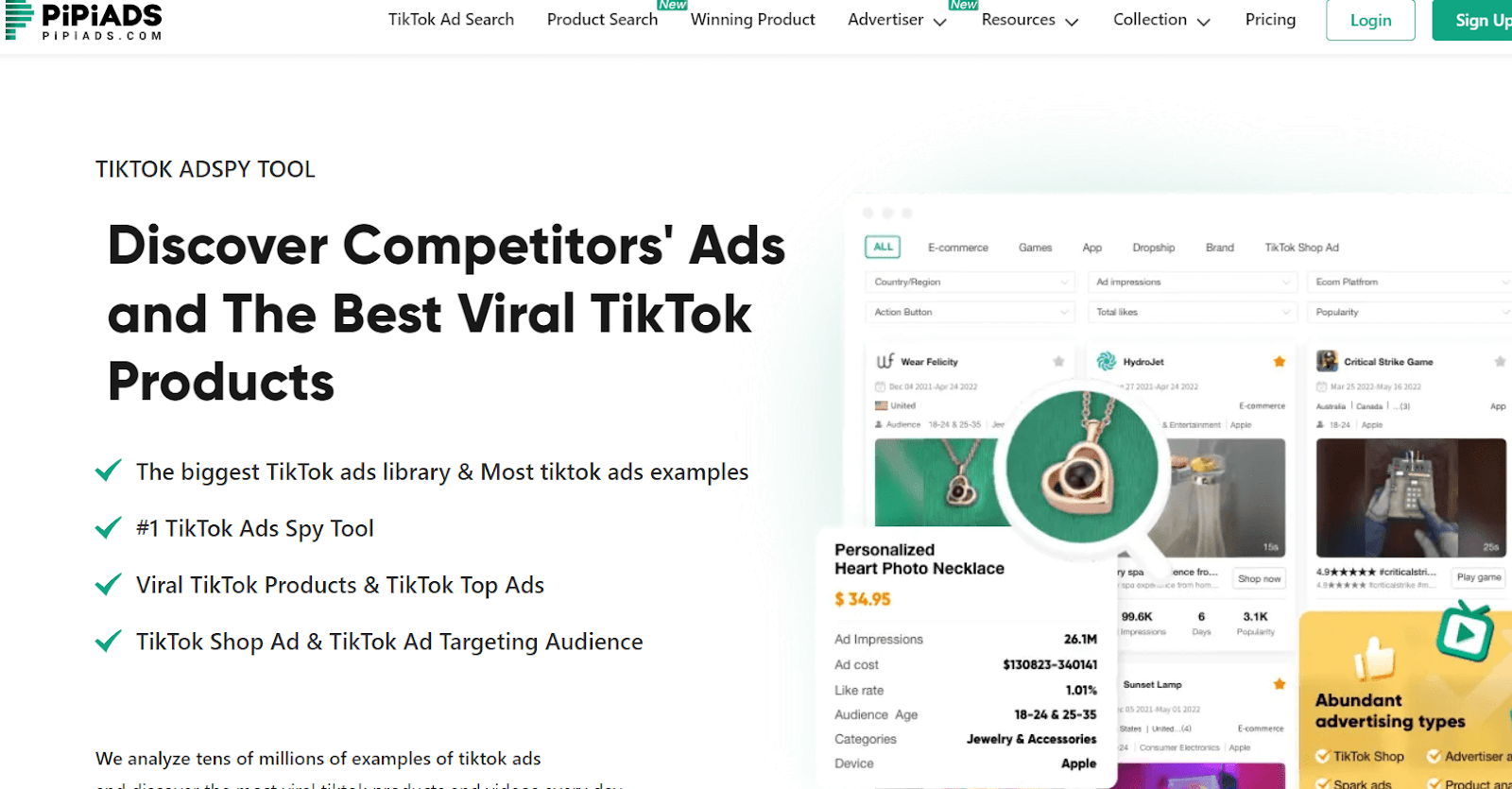 PiPiAds dashboard showing TikTok ad search results and filters