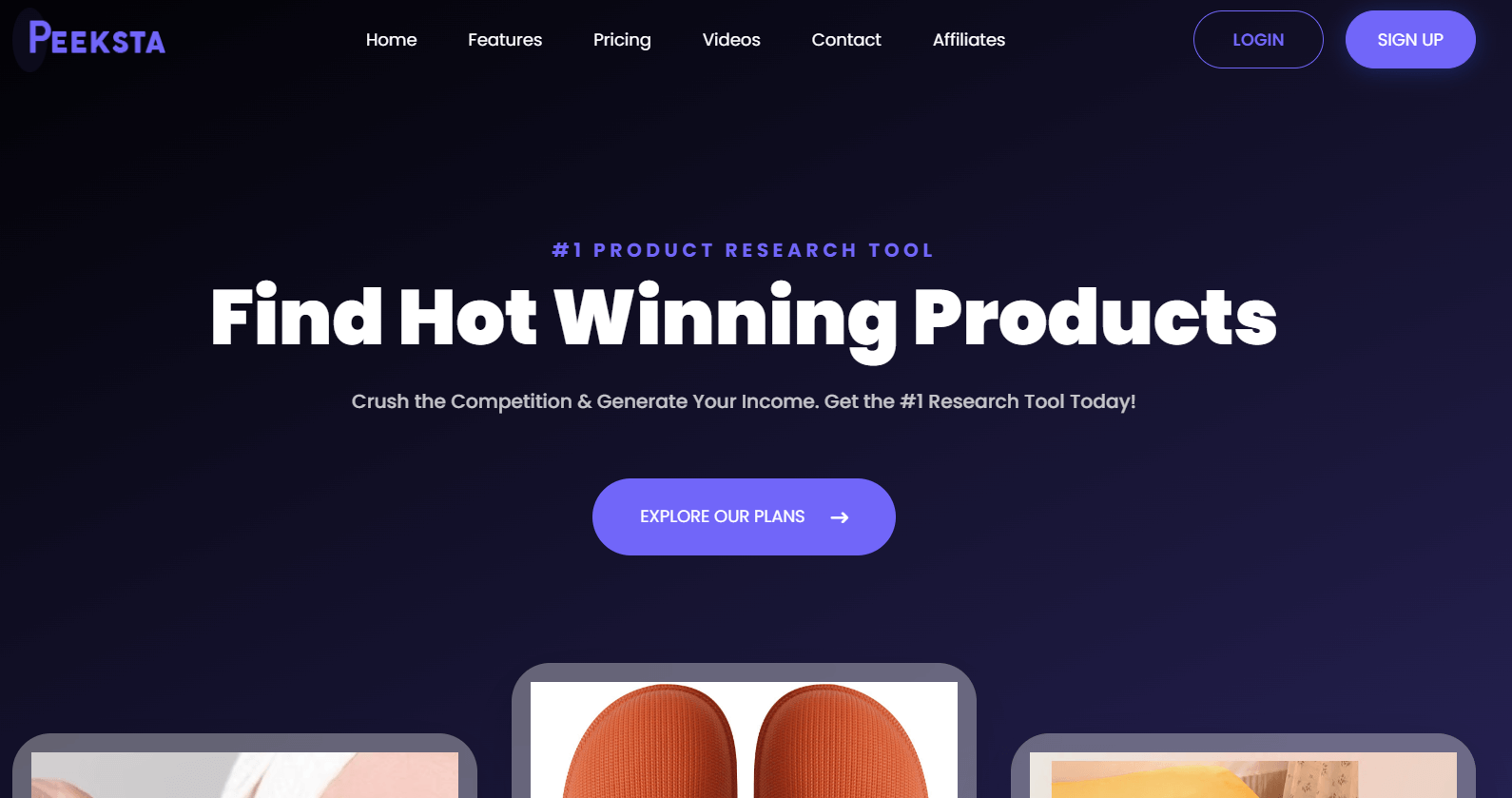 Peeksta dashboard showing product research and ad-creation tools
