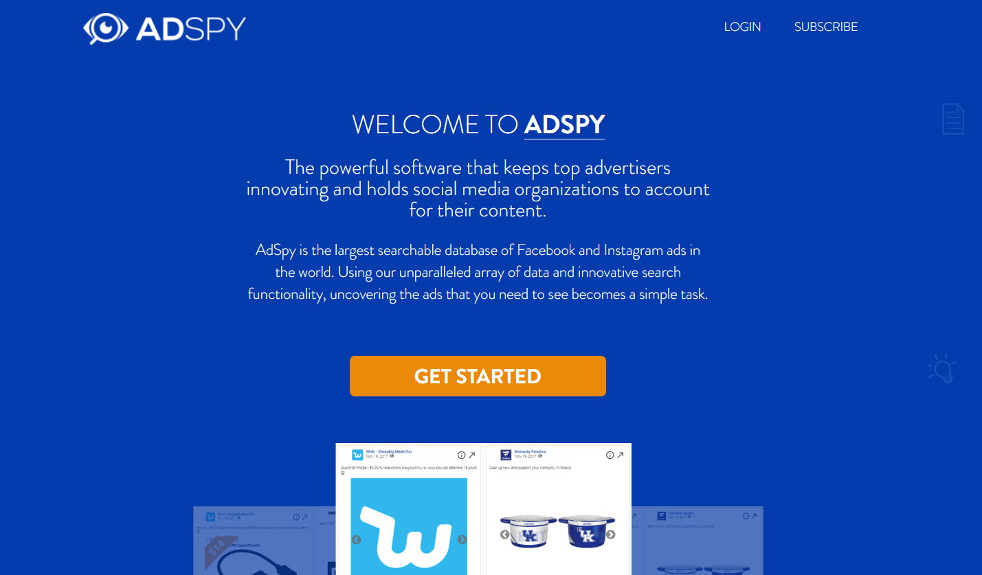 AdSpy interface showing Facebook and Instagram ad-search filters