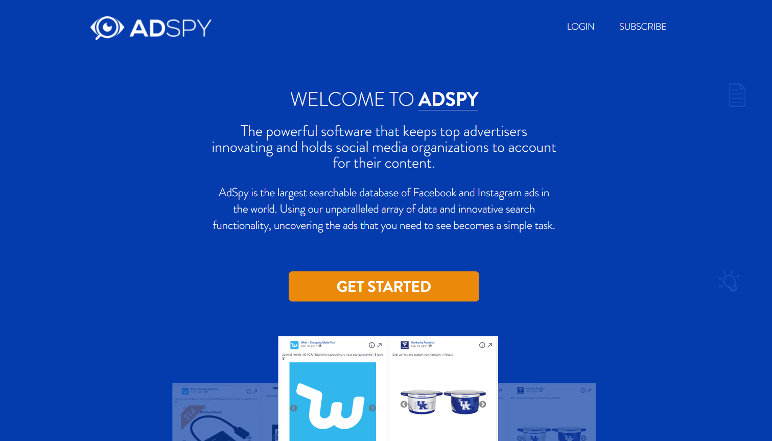AdSpy homepage with Facebook and Instagram ad search tools
