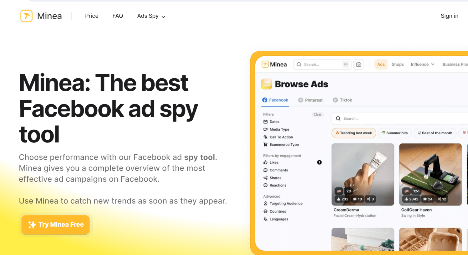 Minea webpage with Facebook ad search and creative filters