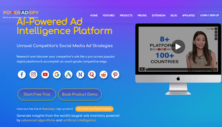 PowerAdSpy webpage for ad research across several platforms