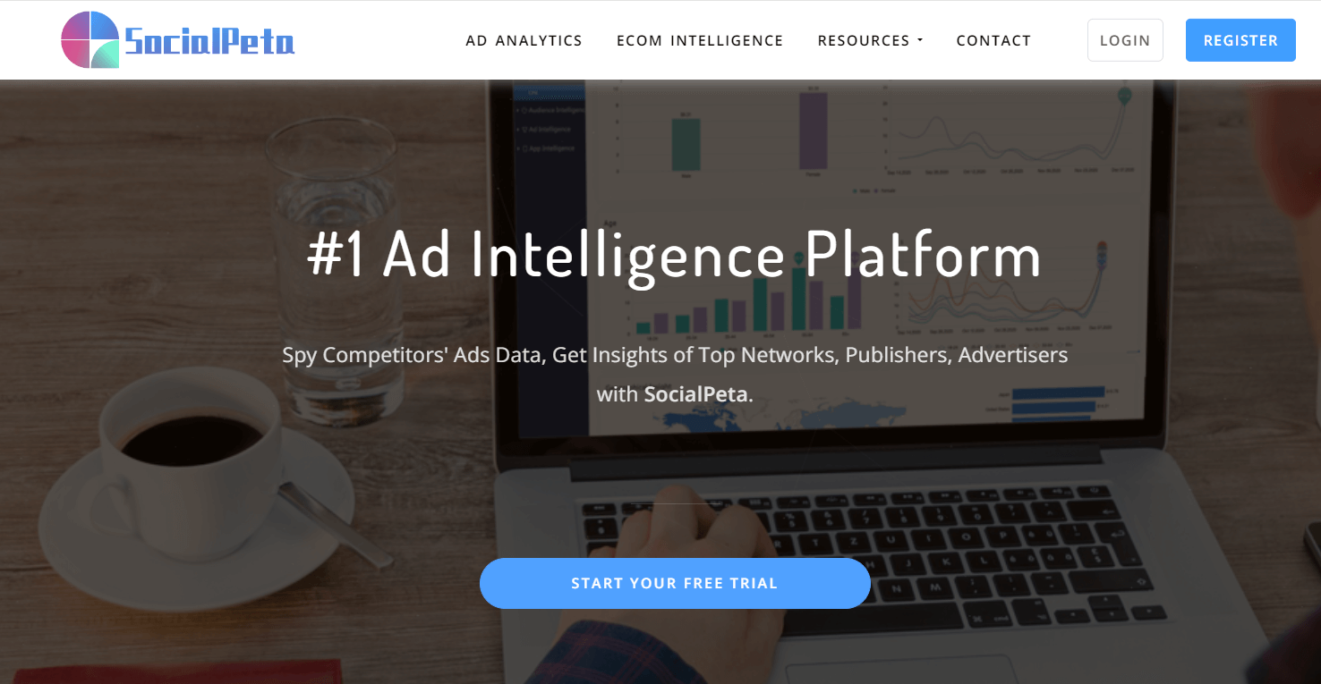 SocialPeta webpage for ad research across several channels