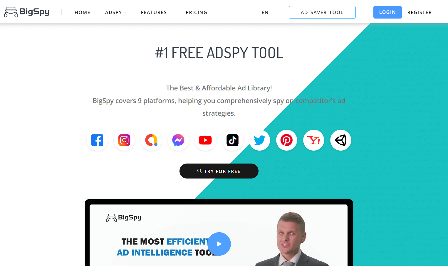 BigSpy webpage with its free ad search offer and supported platforms