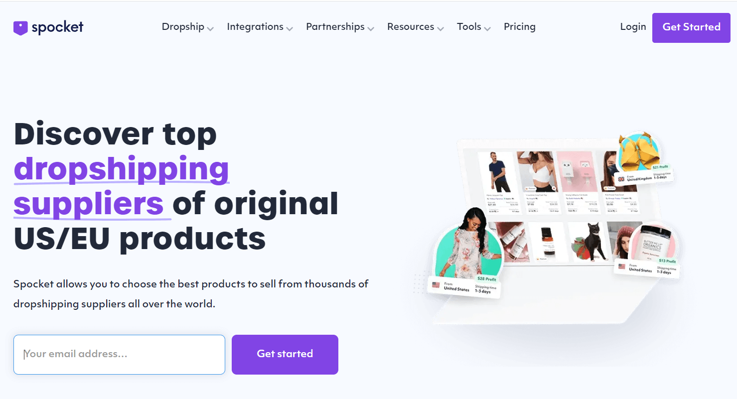 Spocket homepage presenting dropshipping products from US and EU suppliers