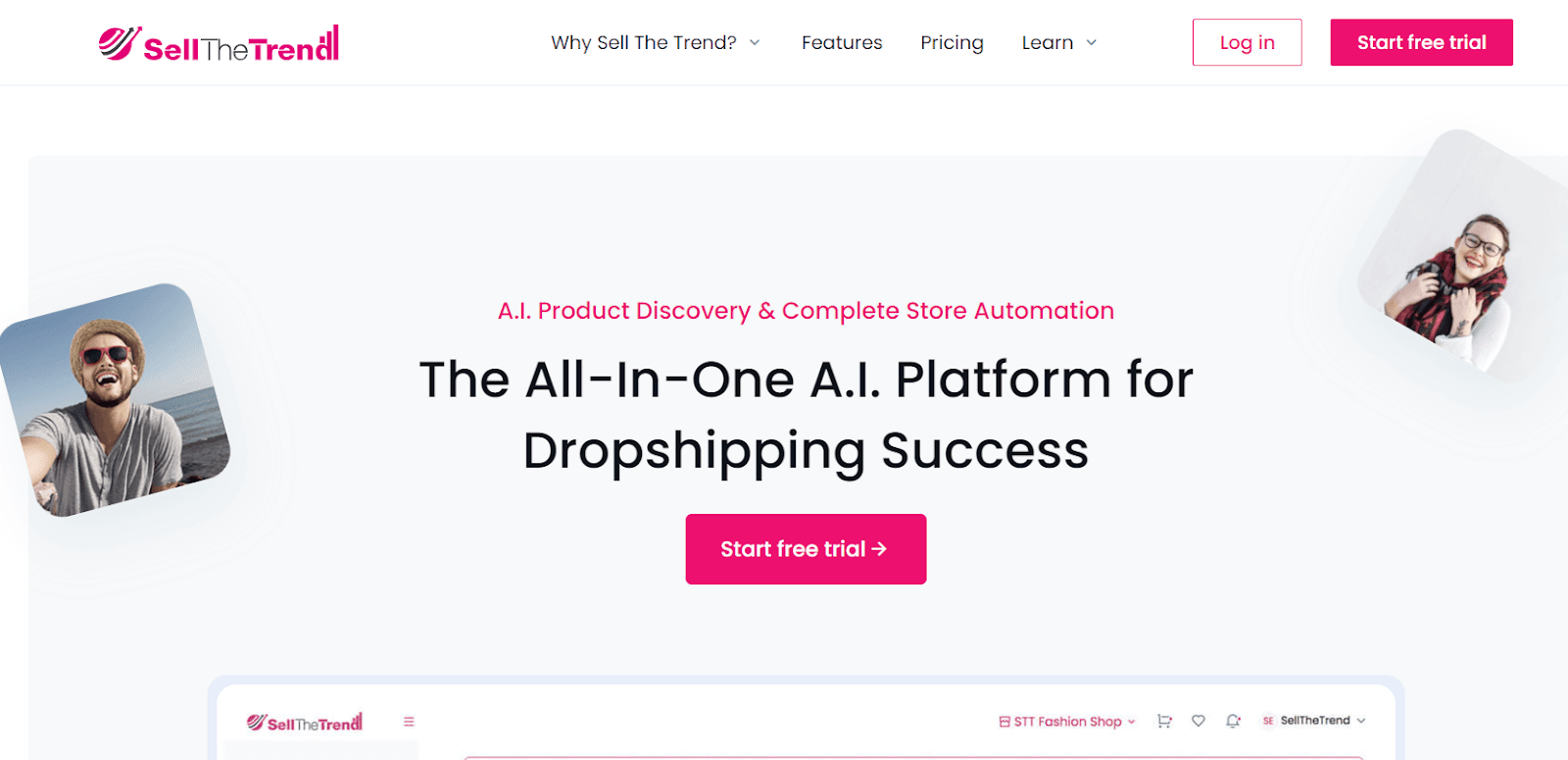 Sell the Trend homepage showing dropshipping product research features