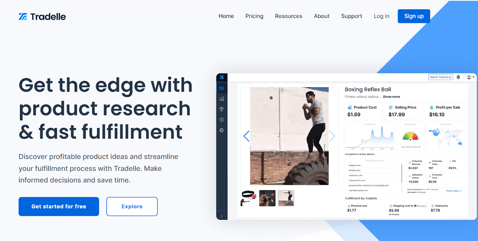 Tradelle homepage presenting product research and fulfillment services