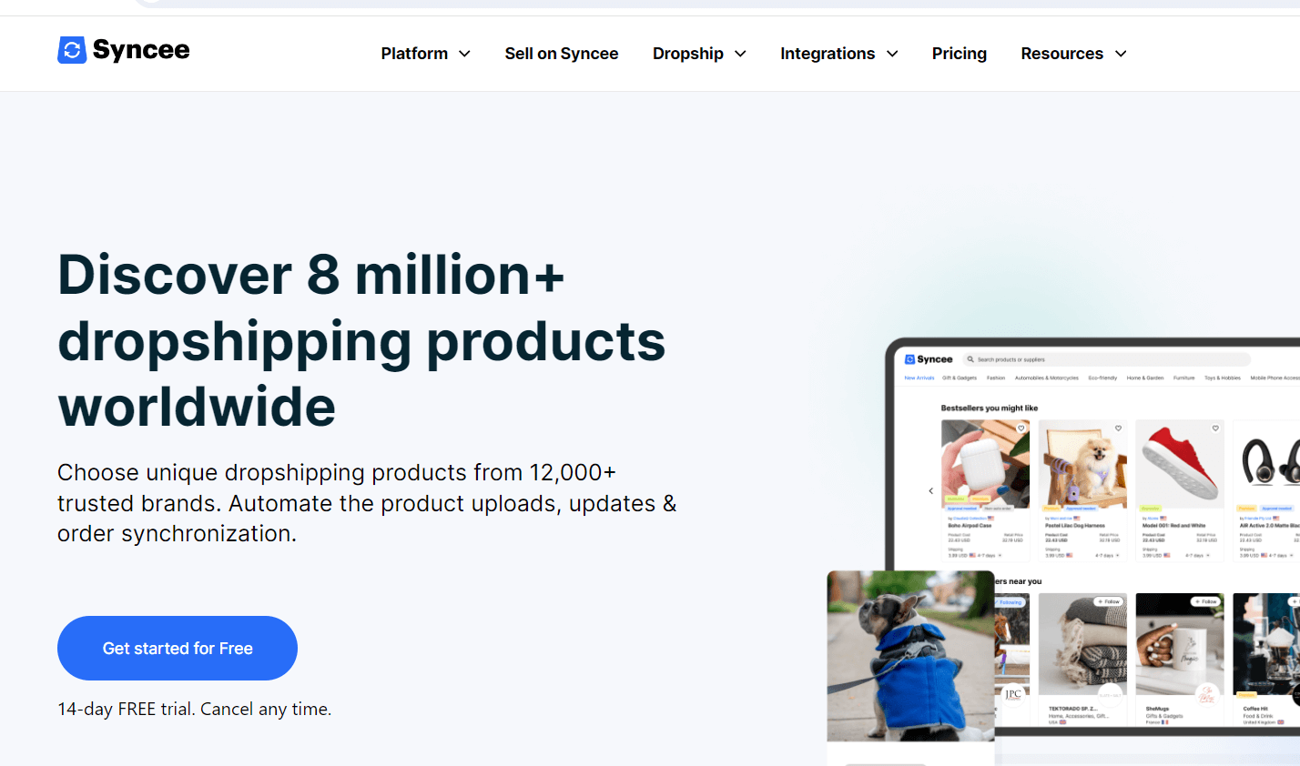 Syncee homepage showing its dropshipping and wholesale marketplace