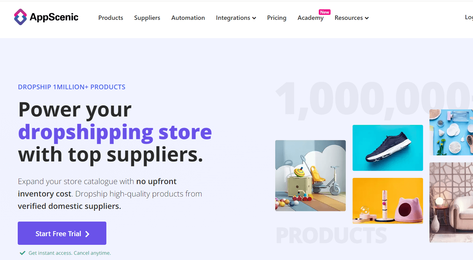 AppScenic homepage showing dropshipping supplier and automation features