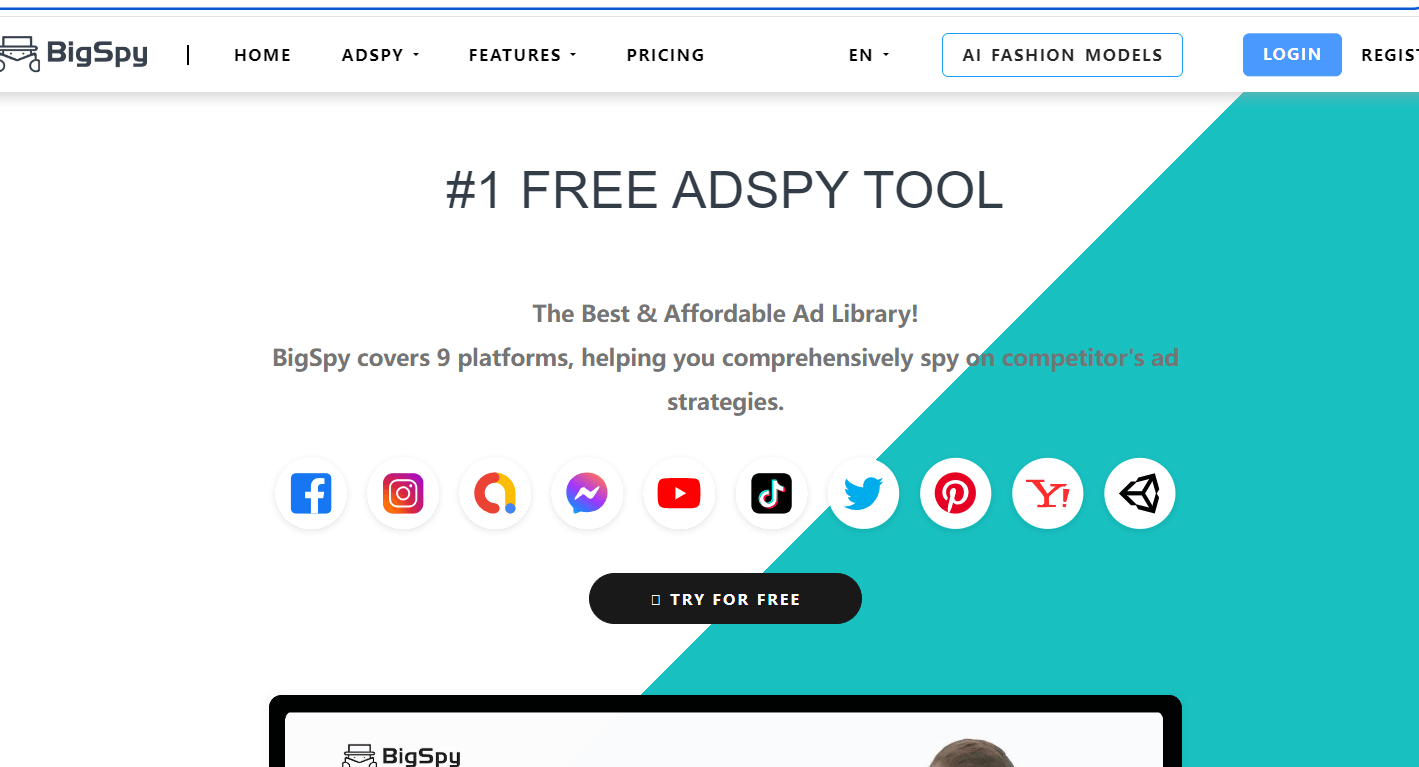 BigSpy dashboard showing tracked ad performance across networks