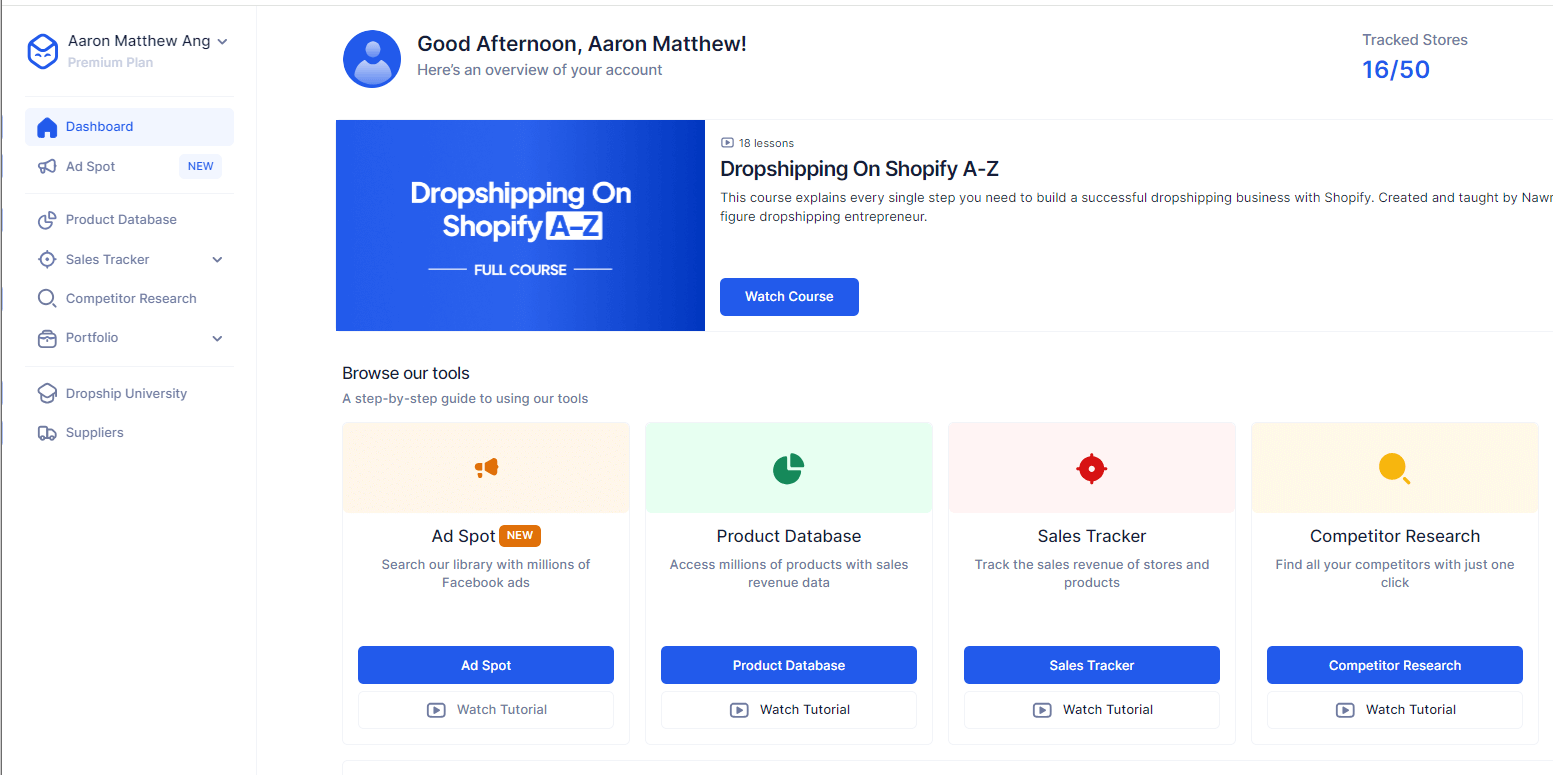 Dropship.io Ad Library interface showing ad search results