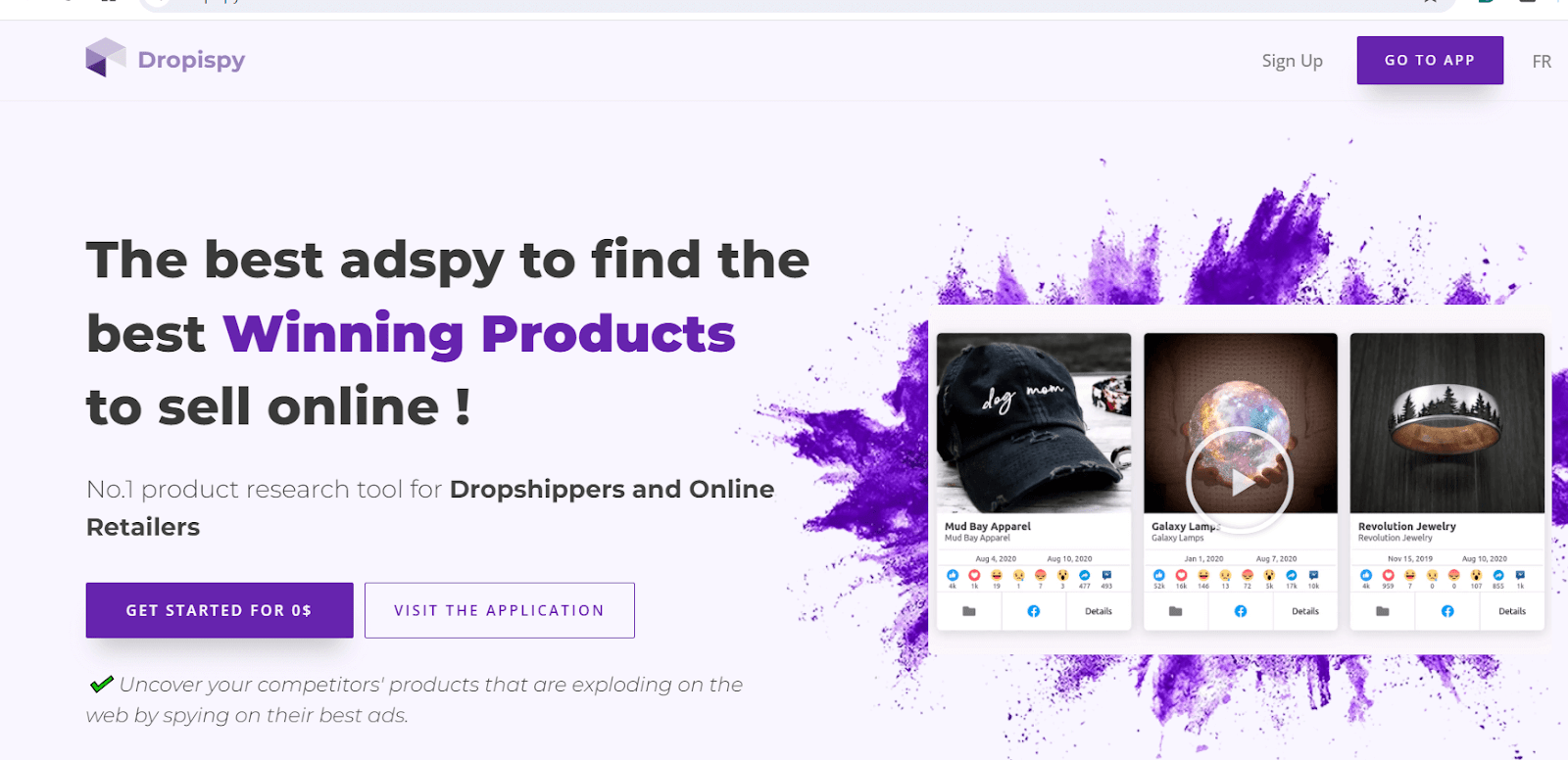Dropispy interface showing Facebook ad search results