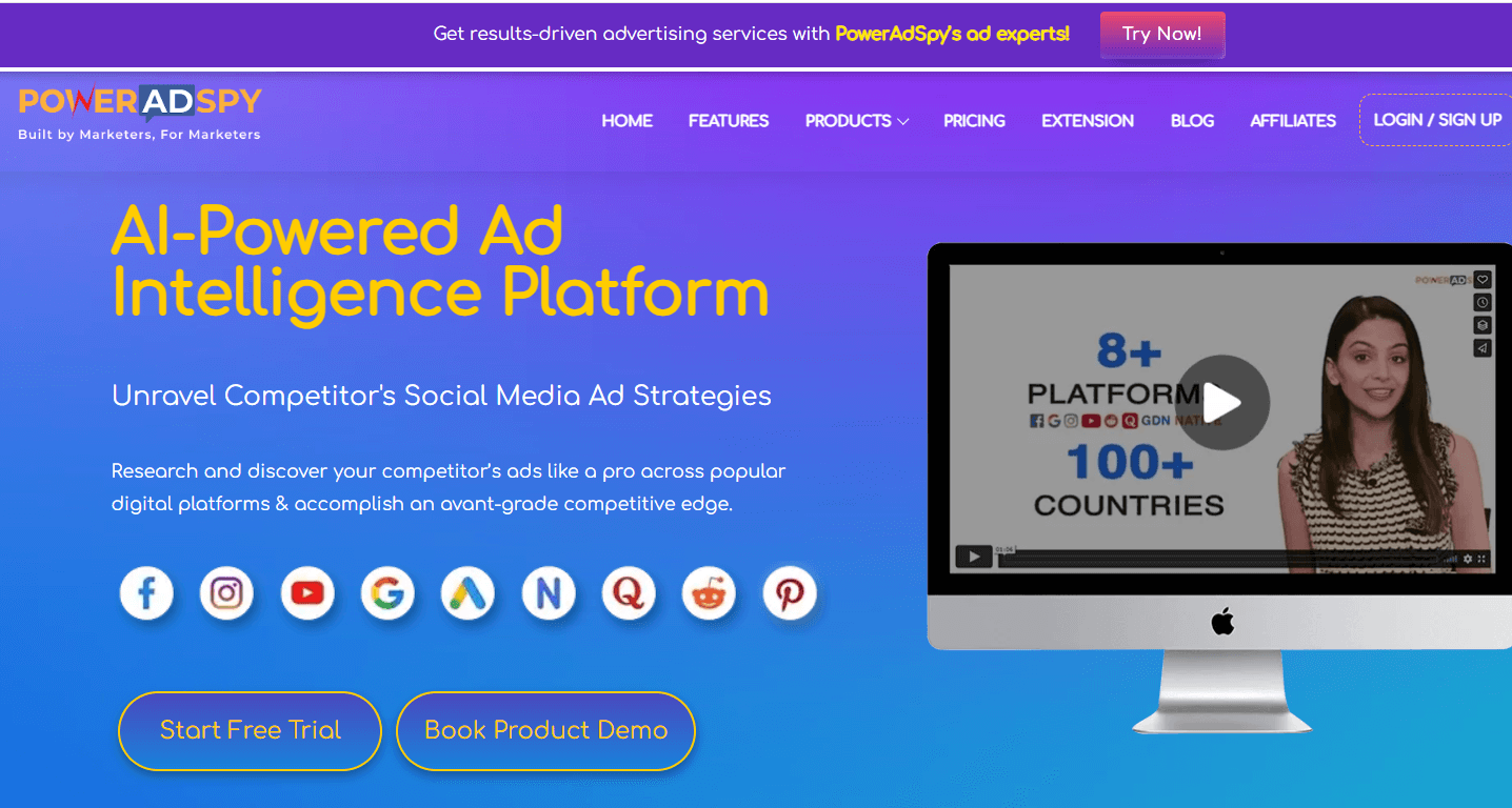 PowerAdSpy interface showing social media ad search filters