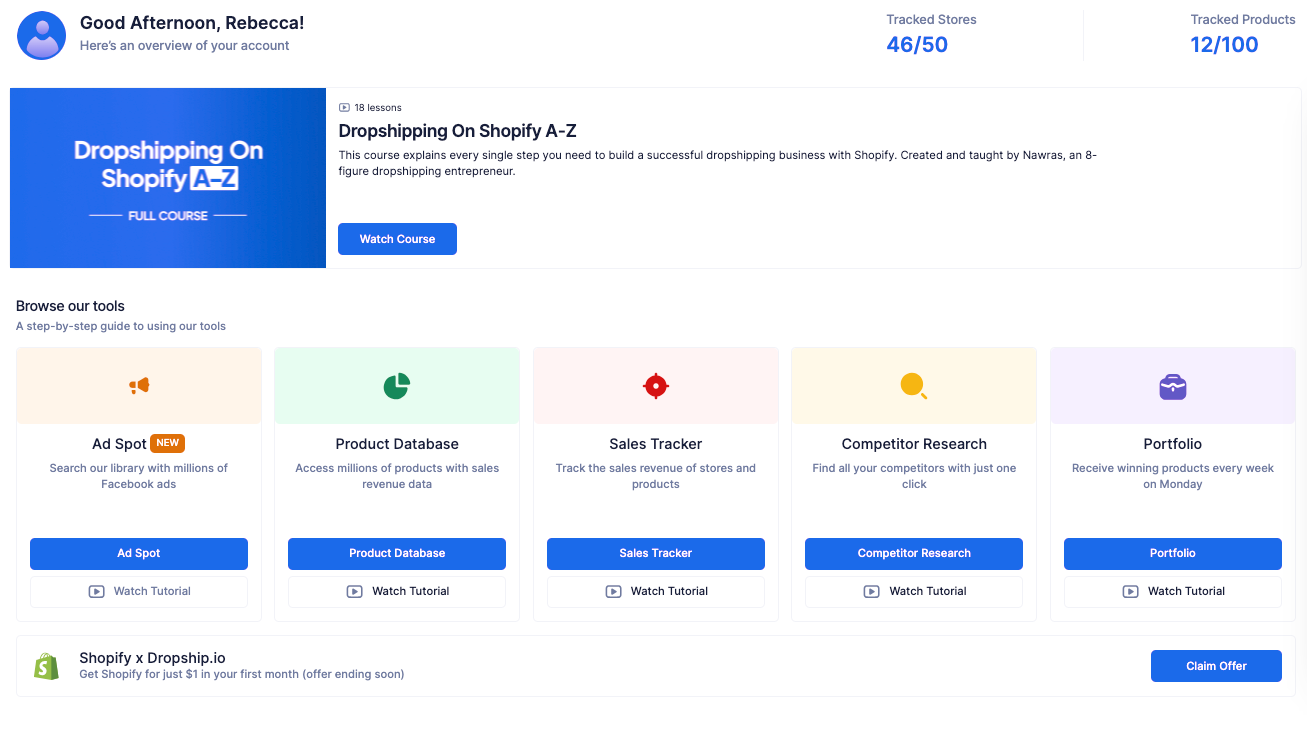 Dropship.io product and competitor research dashboard