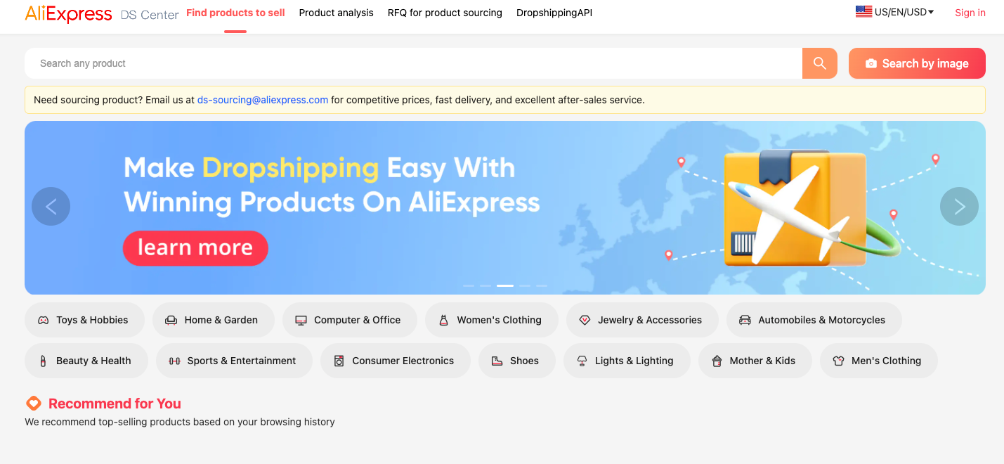 AliExpress Dropshipping Center product and supplier research page