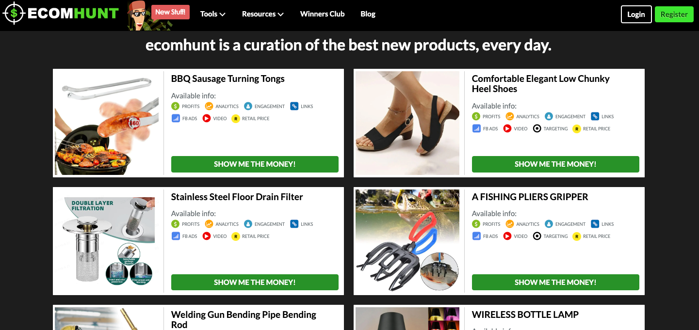 Ecomhunt curated winning product research page