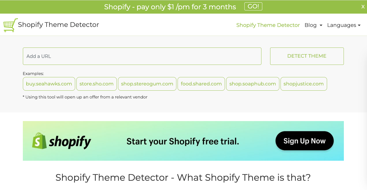 Shopify Theme Detector interface for identifying a public store's theme