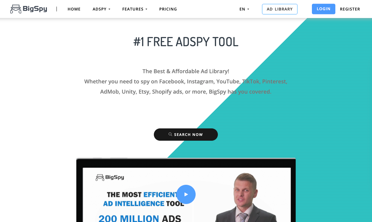 BigSpy dashboard showing a searchable multi-platform advertising library