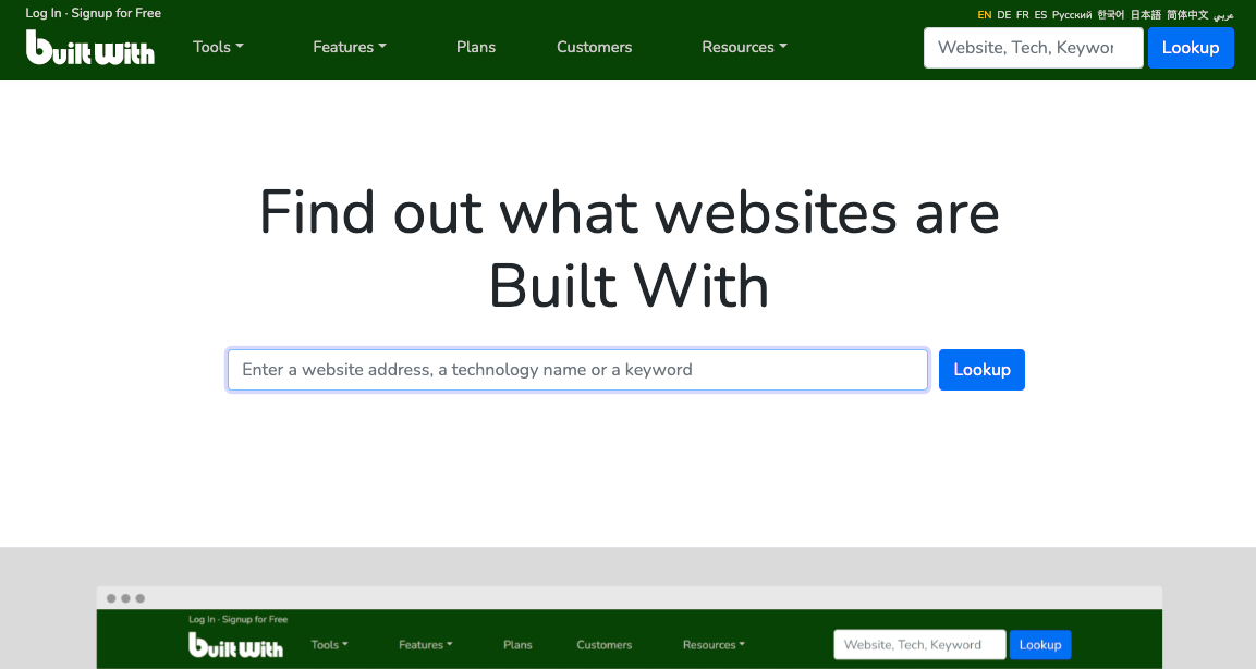 BuiltWith technology profile showing detected services used by a website