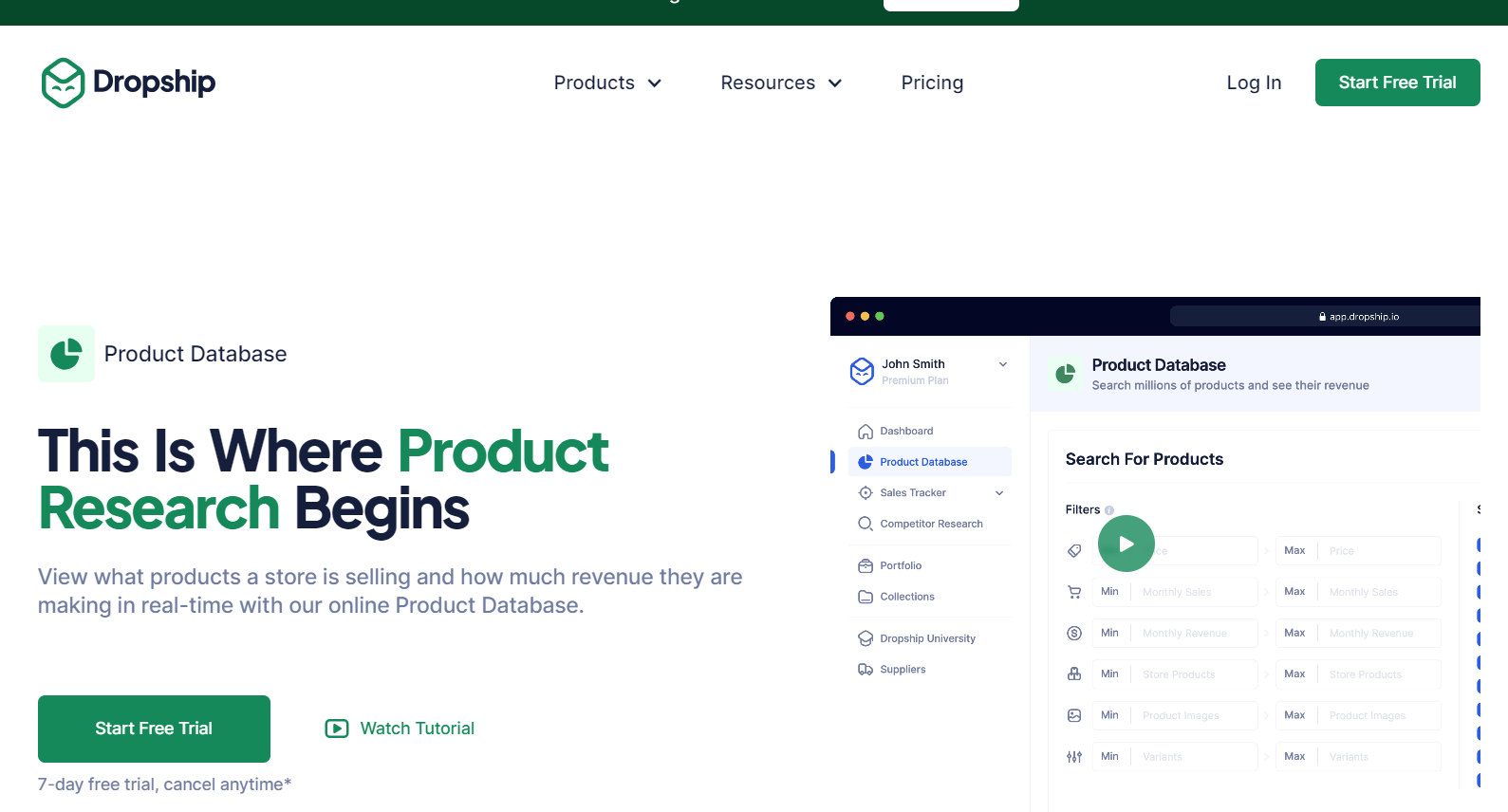 Dropship.io dashboard showing product and competitor research data