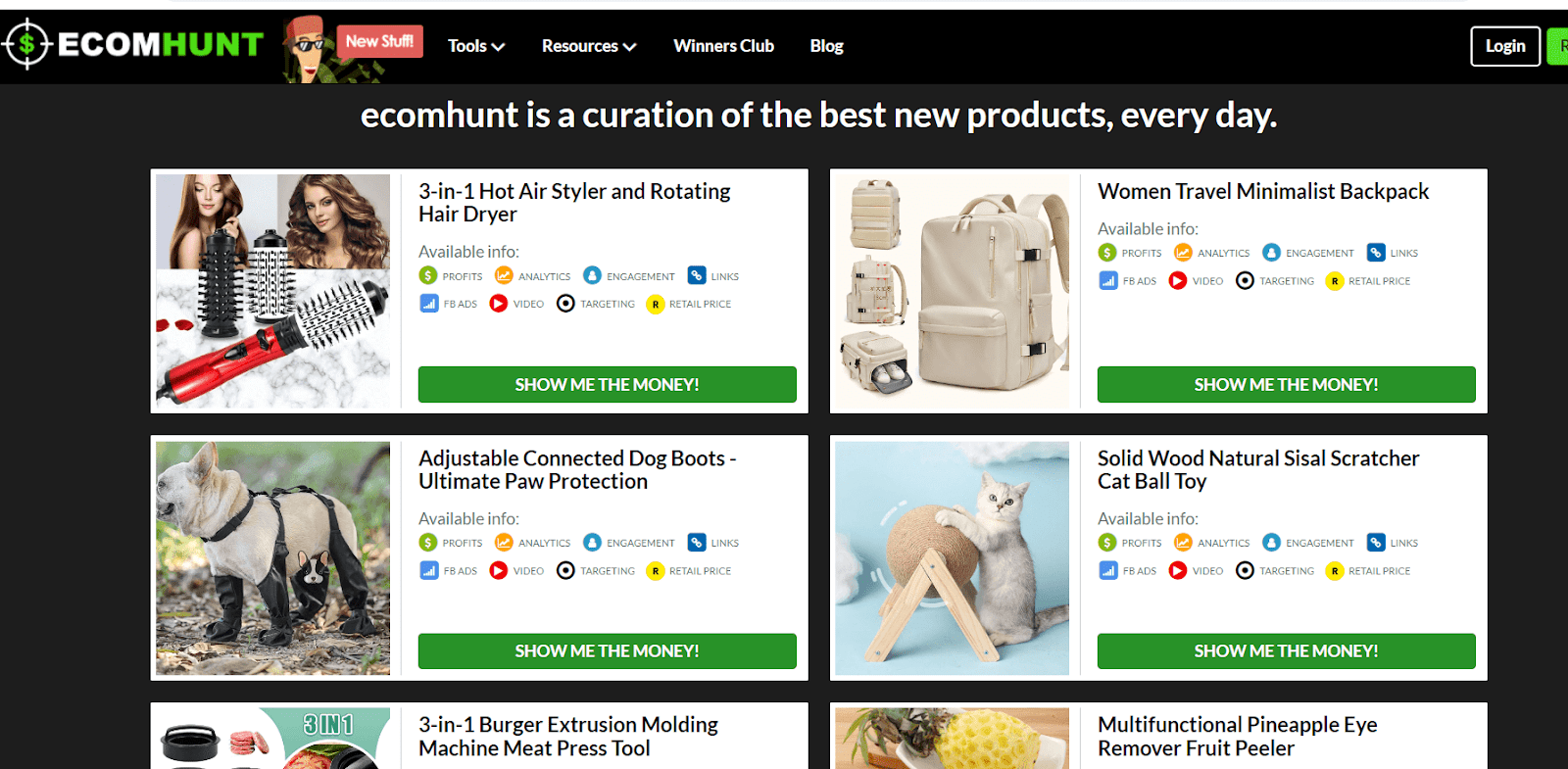 Ecomhunt interface showing curated dropshipping product ideas