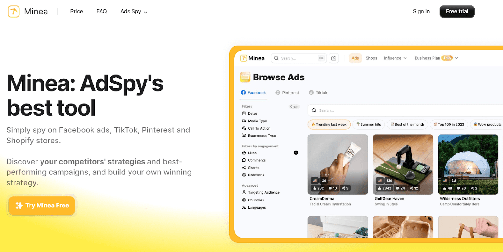 Minea dashboard displaying ads, products, shops, and brand research