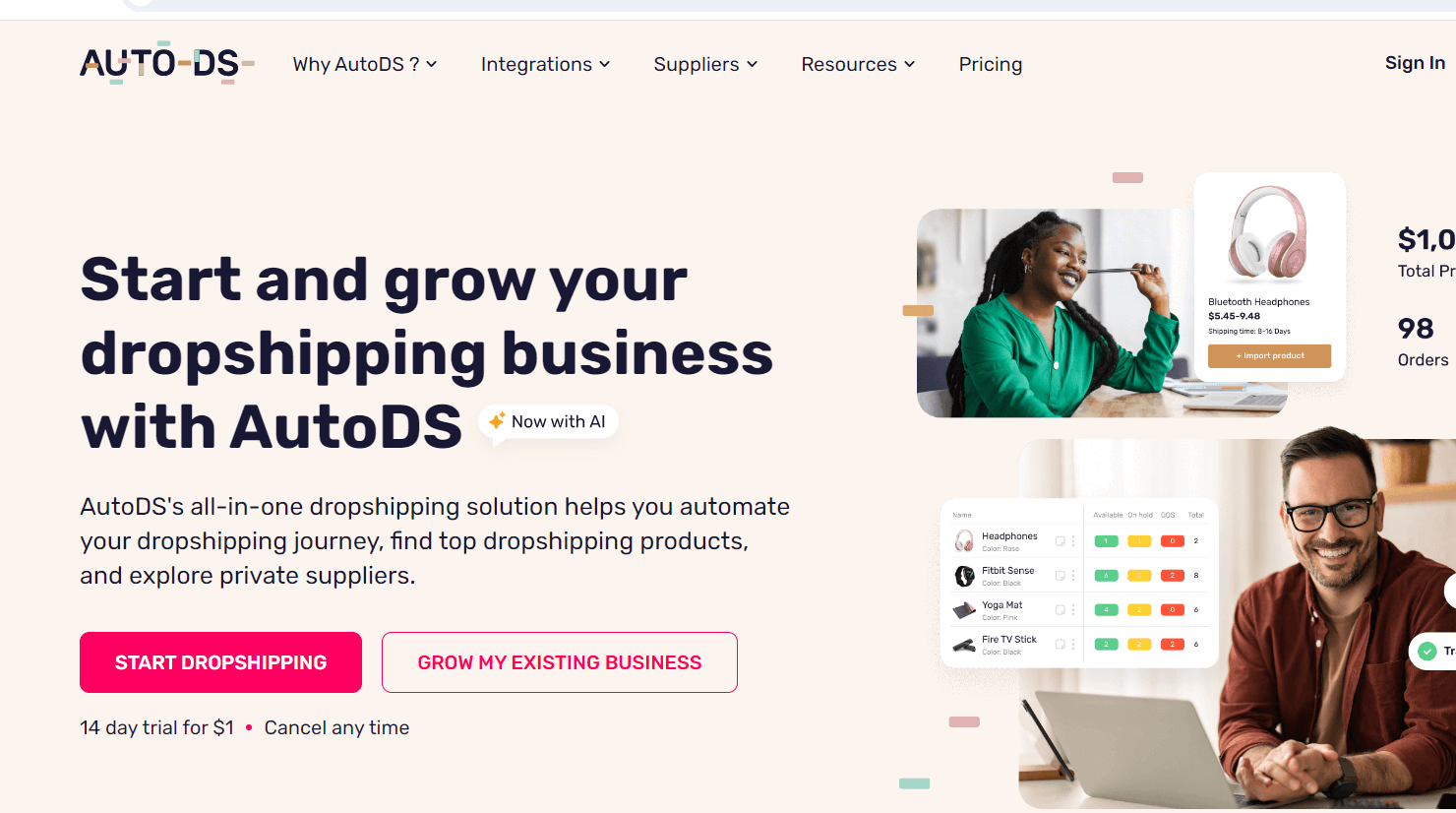 AutoDS dashboard for importing products and automating store operations
