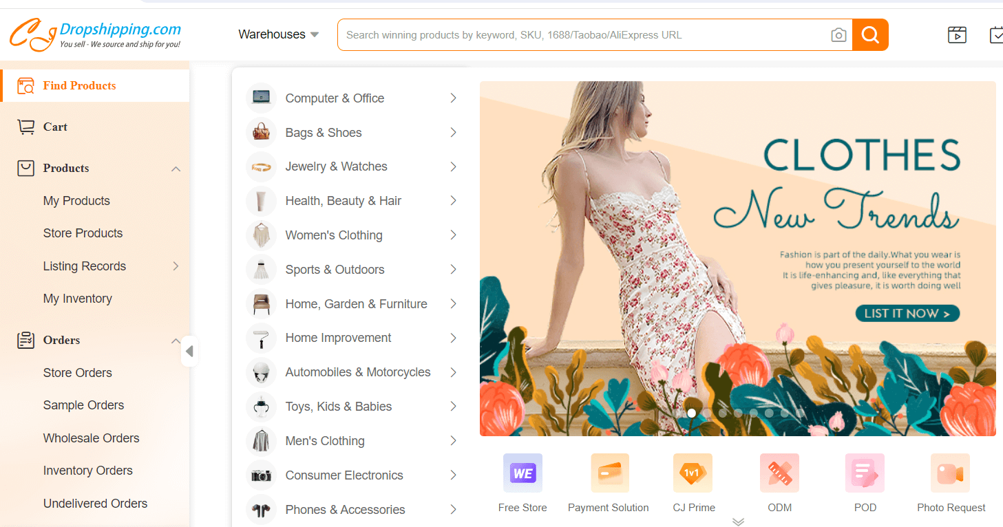 CJdropshipping catalog and fulfillment dashboard