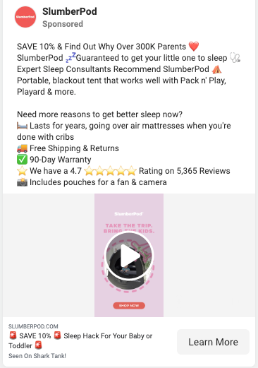 SlumberPod Facebook ad showing the blackout sleep pod around a travel crib